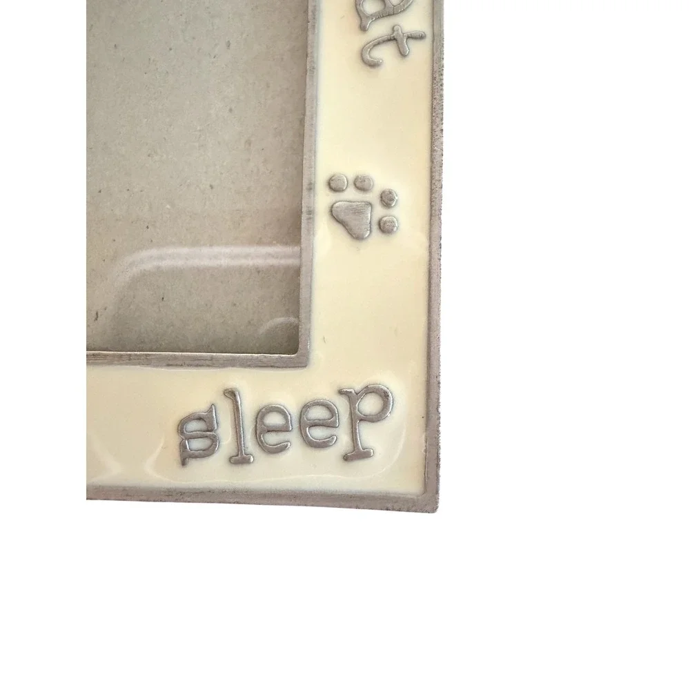 Vtg Pewter Style Cat Picture Frame‎ Eat Play Sleep Paw Prints Silver Cream 5x7